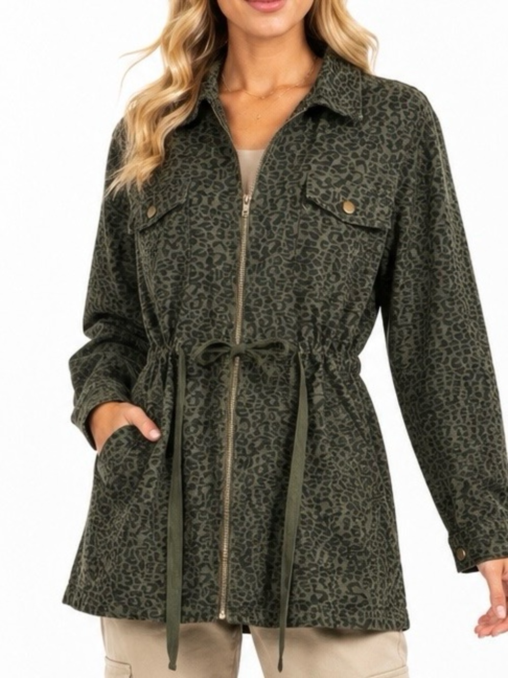 Jodifl Olive Leopard Print Utility Jacket Size S Drawstring Waist Zip Front